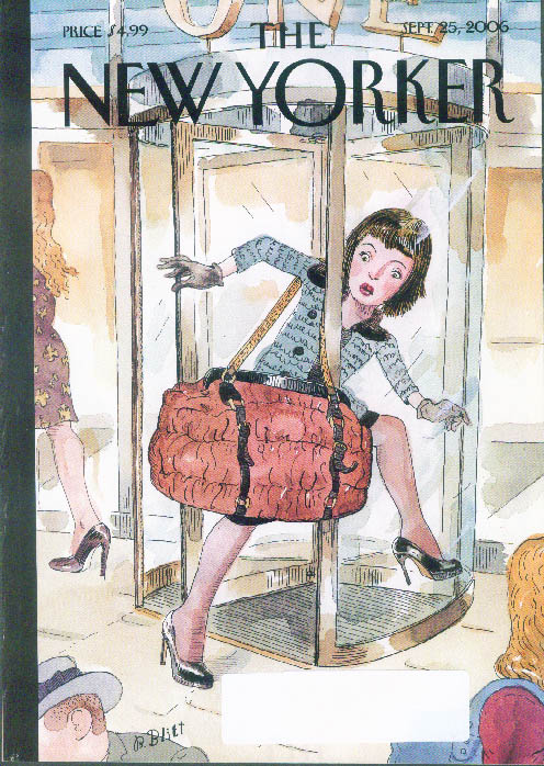 Image for New Yorker cover Barry Blitt huge handbag snags gal in revolving door 9/25 2006