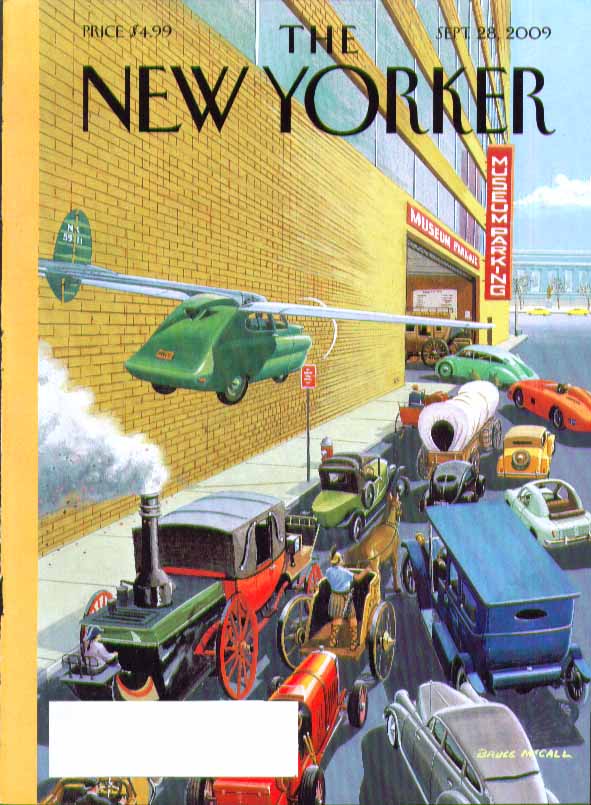 Image for New Yorker cover Bruce McCall antique vehicles queue at museum garage 9/28 2009