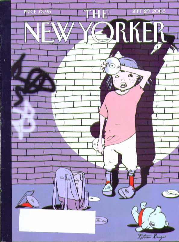 Image for New Yorker cover Istvan Banyai little kid spotlighted w/ CDs & teddy 9/29 2003