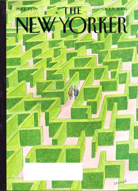 Image for New Yorker cover Jean-Jacques Sempe men tip hats in garden maze 10/2 2006