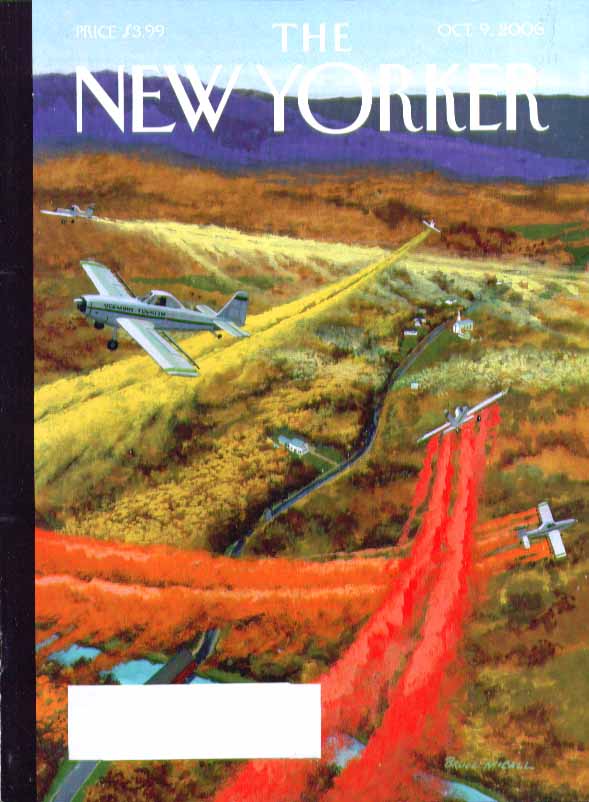 Image for New Yorker cover Bruce McCall Vermont Tourism planes crop spray leaves 10/9 2006