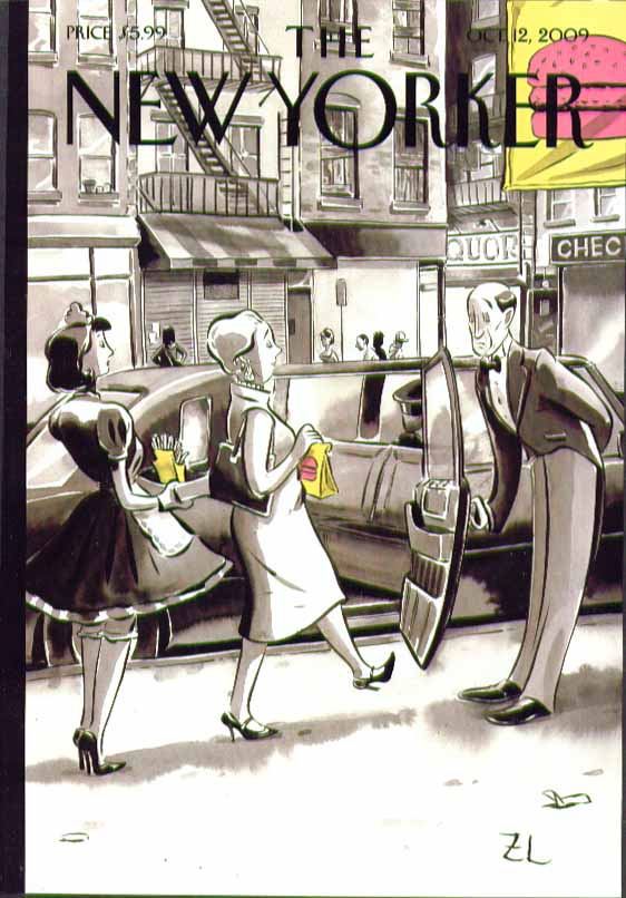 Image for New Yorker cover SZL matron & maid with burger takeout get in limo 10/12 2009