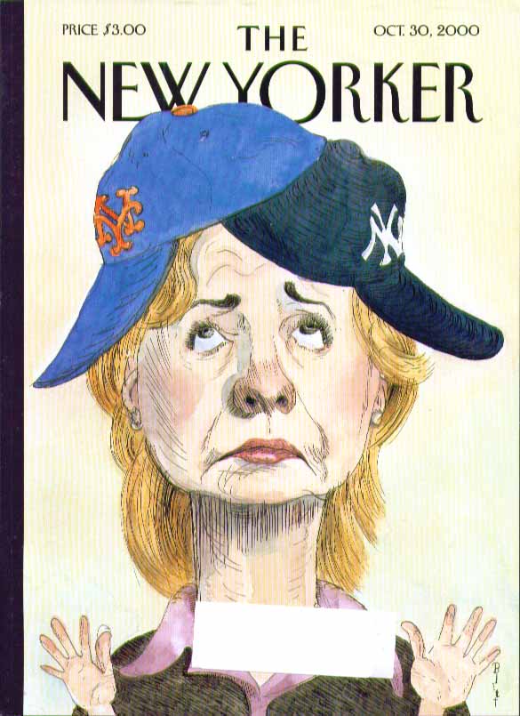 Image for New Yorker cover Barry Blitt Hilary Clinton in Mets & Yankees caps 10/30 2000