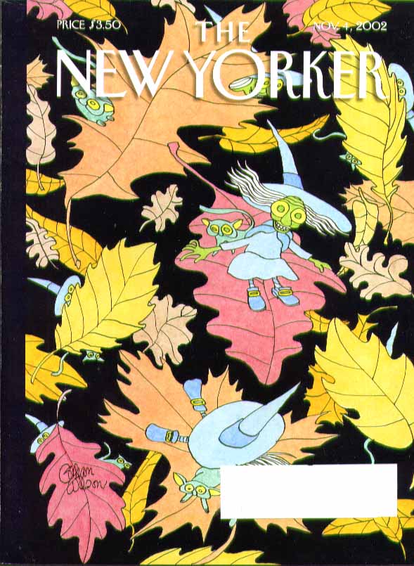 Image for New Yorker cover Gahan Wilson Halloween witches & cats fly on leaves 11/4 2002