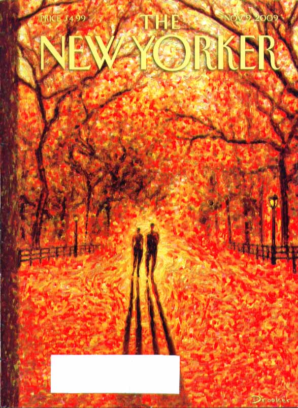 Image for New Yorker cover Drooker couple stroll through fiery park leaves 11/9 2009