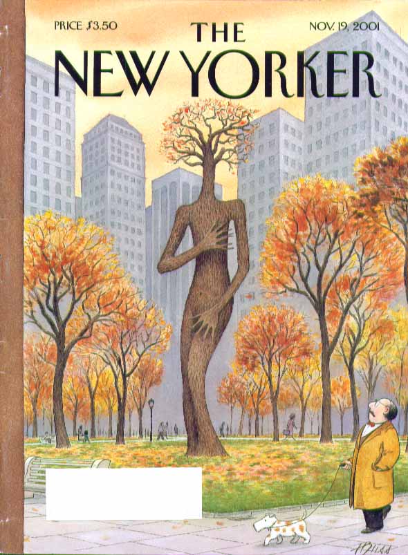 Image for New Yorker cover Harry Bliss Central Park tree covers its nudity 11/19 2001