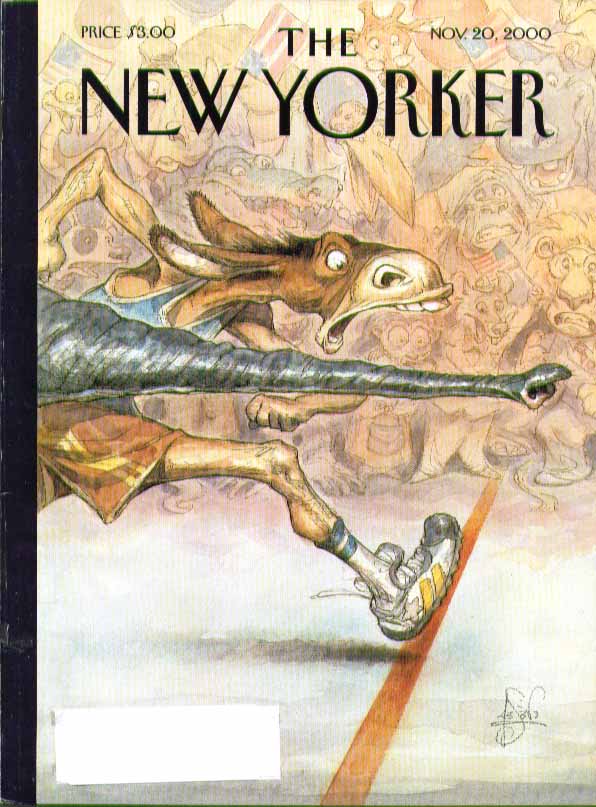 Image for New Yorker cover Peter de Seve GOP elephant's trunk wins at finish 11/20 2000