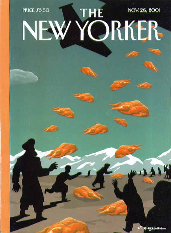 Image for New Yorker cover Spiegelman air drop of turkeys over Afghanistan 11/26 2001