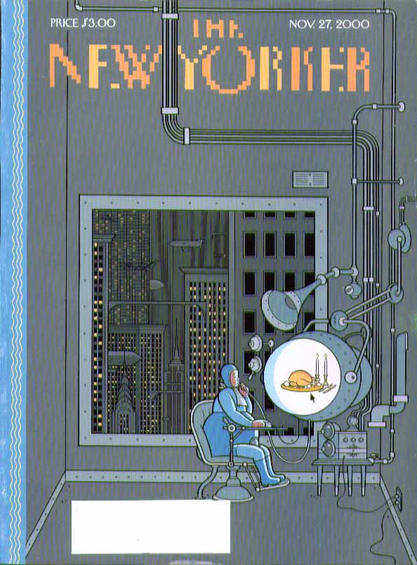 Image for New Yorker cover futuristic virtual Thanksgiving dinner through tube 11/27 2000