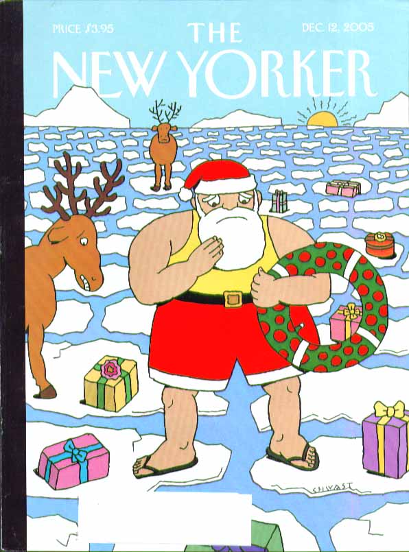 Image for New Yorker cover Chwast Santa Claus & reindeer on melting polar ice 12/12 2005