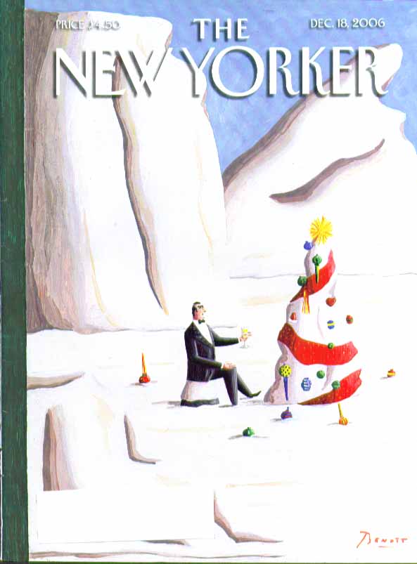Image for New Yorker cover Benoit tuxedo man toasts melting ice Christmas tree 12/18 2006