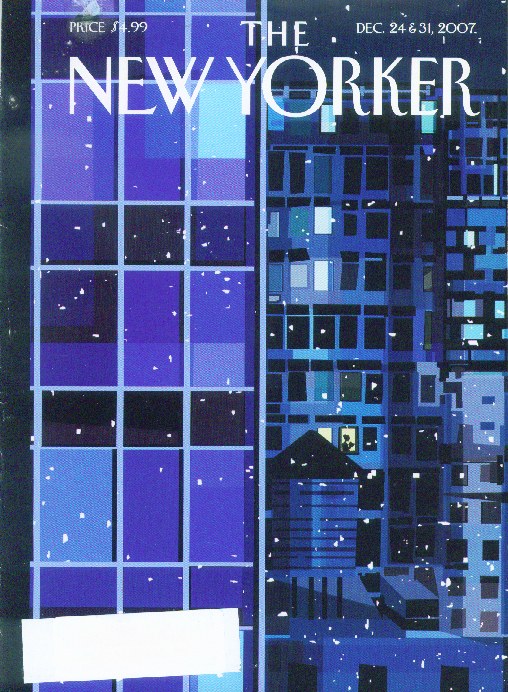Image for New Yorker cover solitary lady reading thru highrise snowscape 12/24 12/31 2007