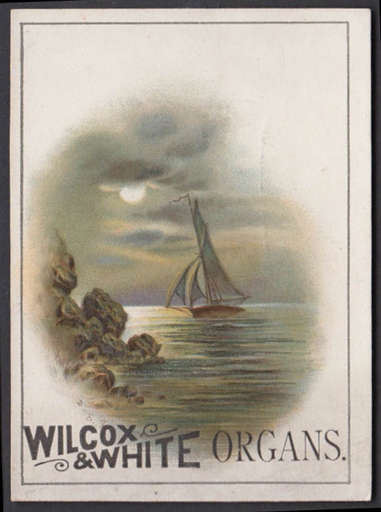 Image for Wilcox & White Player Organs trade card 1880s sailboat near shore Meriden CT