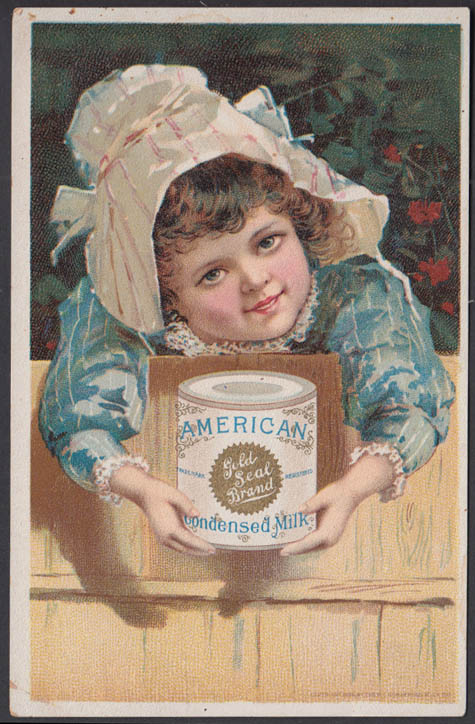 Image for American Gold Seal Condensed Milk trade card little girl in bonnet 1880s