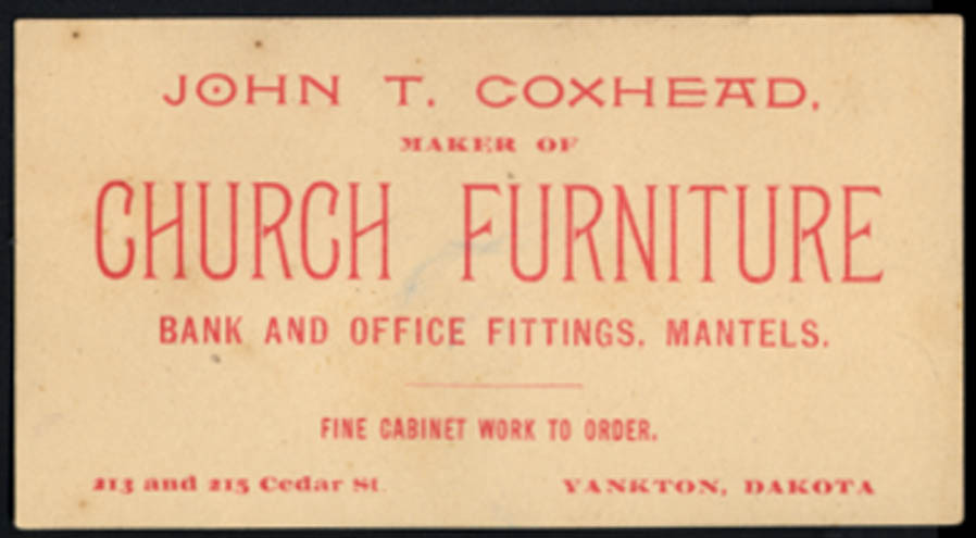 Image for John T Coxhead Church Furniture trade card Yankton Dakota ca 1880