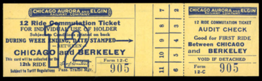 Image for Chicago Aurora & Elgin Railway 12-ride Commutation Ticket Chicago-Berkeley