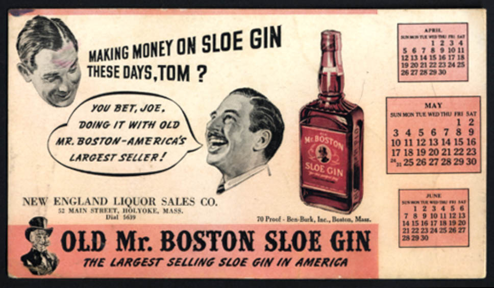 Image for Old Mr Boston Sloe Gin New England Liquor Sales Holyoke blotter 1942