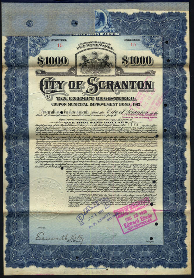 Image for City of Scranton PA Tax Exempt Municipal Improvement $1000 Bond 1912