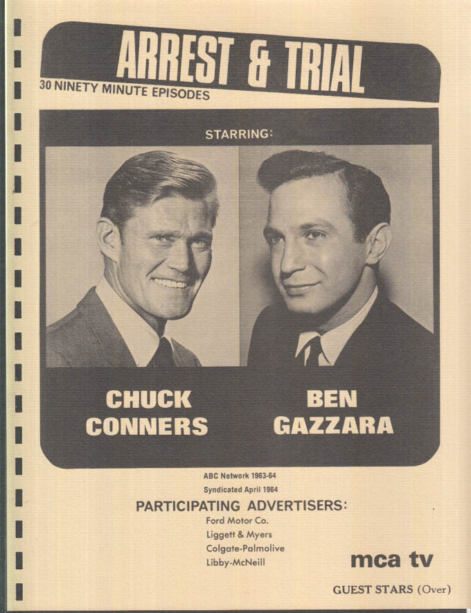 Image for MCA TV Syndicated Show promo sheet 1960s Chuck Connors & Gazzara ARREST & TRIAL