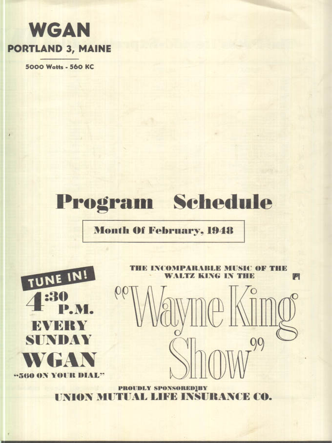Image for WGAN Radio Portland Maine Program Schedule 2 1948 Wayne King Show ++
