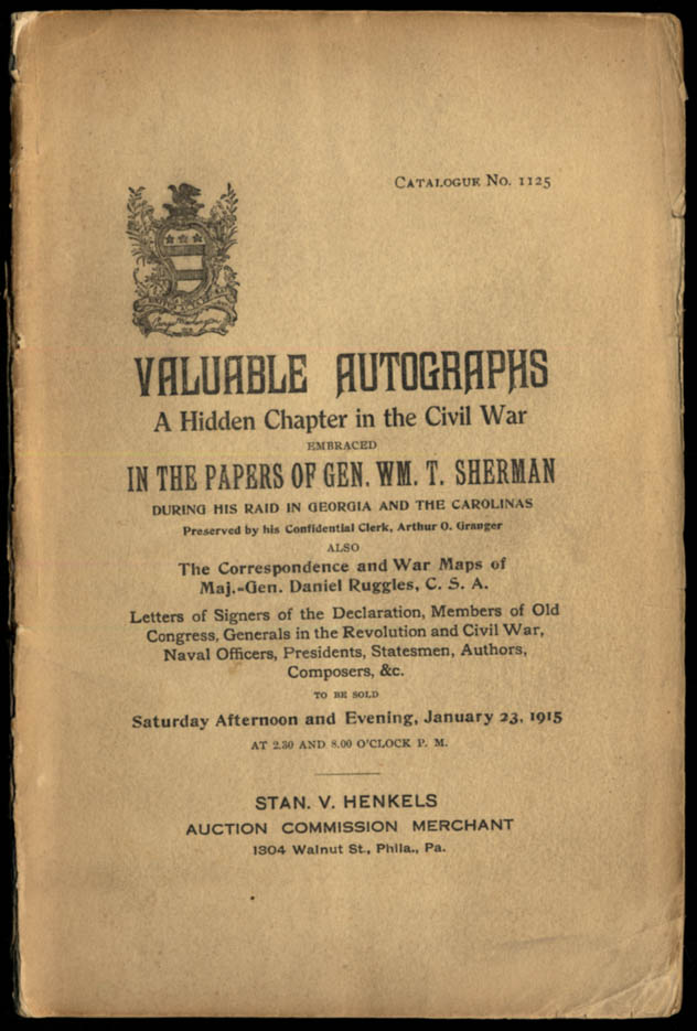 Image for Gen William Tecumseh Sherman Autograph Auction Catalog 1915 & Gen Daniel Ruggles