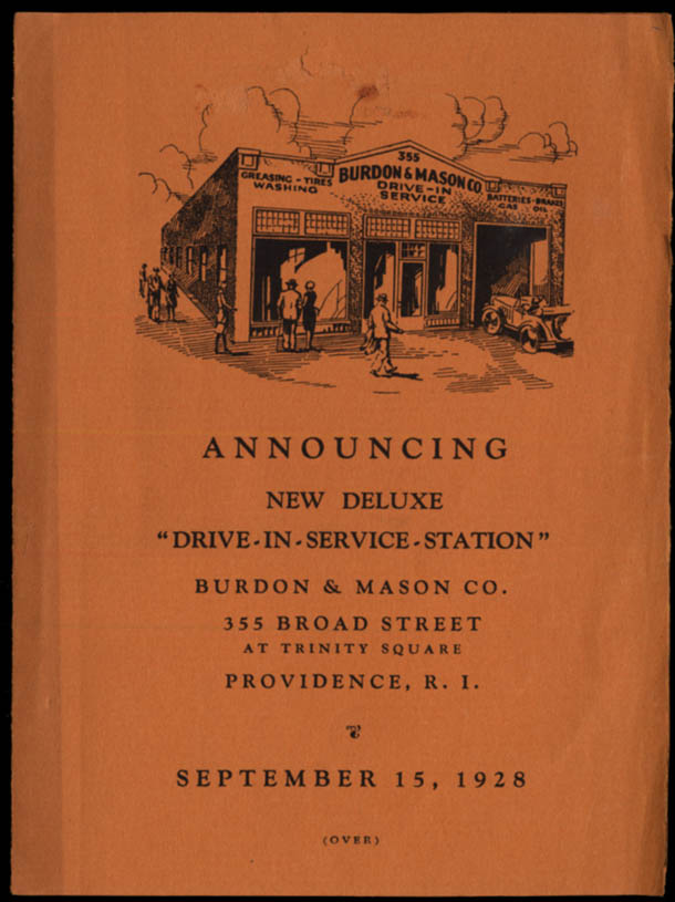 Image for Burdon & Mason Drive-In Service Station Providence RI announcement flyer 1928