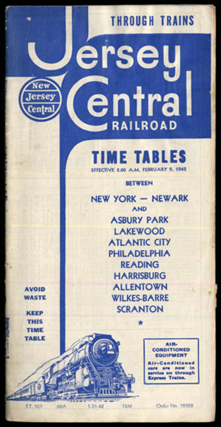 Image for Jersey Central Railroad Through Trains Timetable NY-Newark 1/31 1942