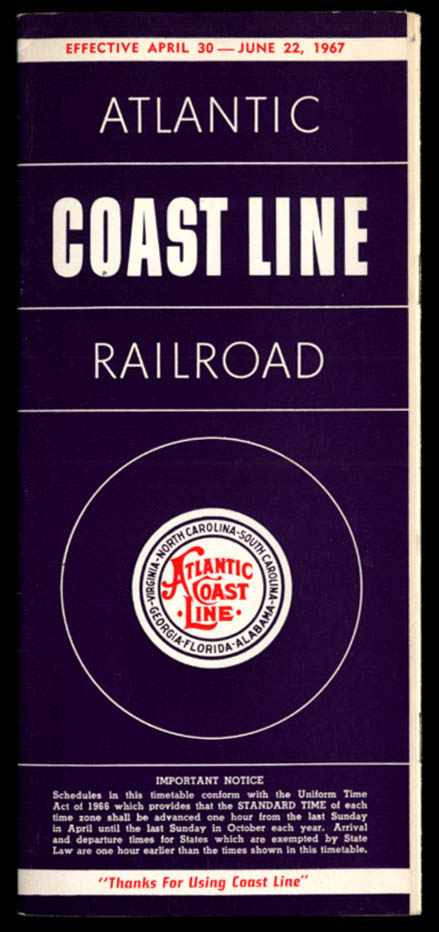Image for Atlantic Coast Line Railroad Timetables 4/30 - 6/22 1967