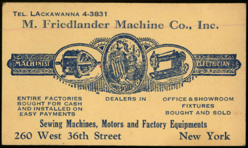 Image for M Friedlander Machine Co business card NYC sewing typewriters motors etc