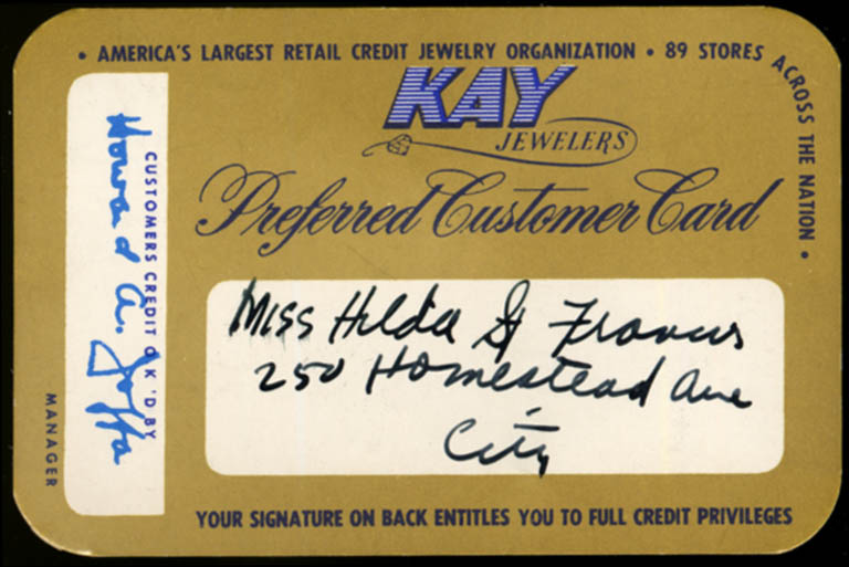 Image for Kay Jewelers Preferred Customer Credit Card ca 1950s