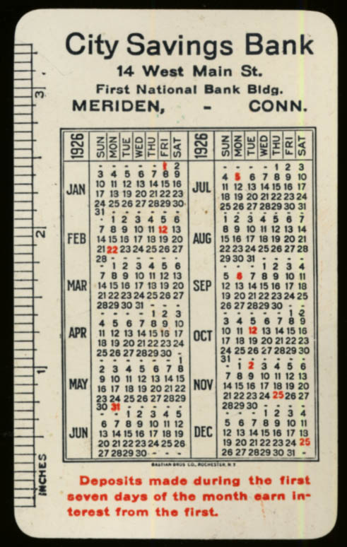 Image for City Savings Bank Meriden CT pocket plastic calendar card 1926