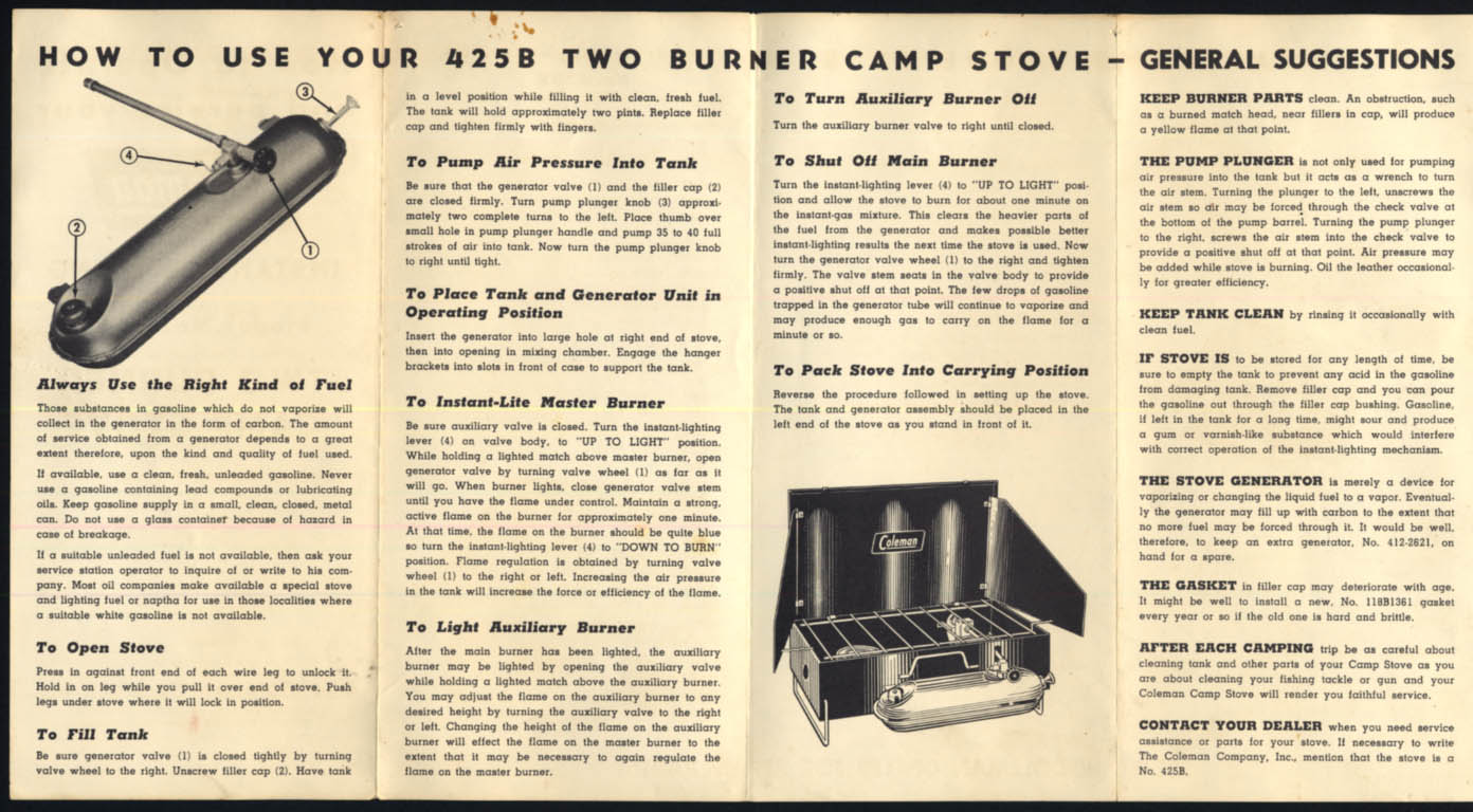 Coleman Model 425B TwoBurner Camp Stove Instruction folder ca 1950s