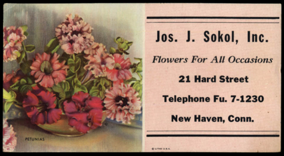 Image for Joseph J Sokol Flowers for All Occasions blotter New Haven CT 1950s