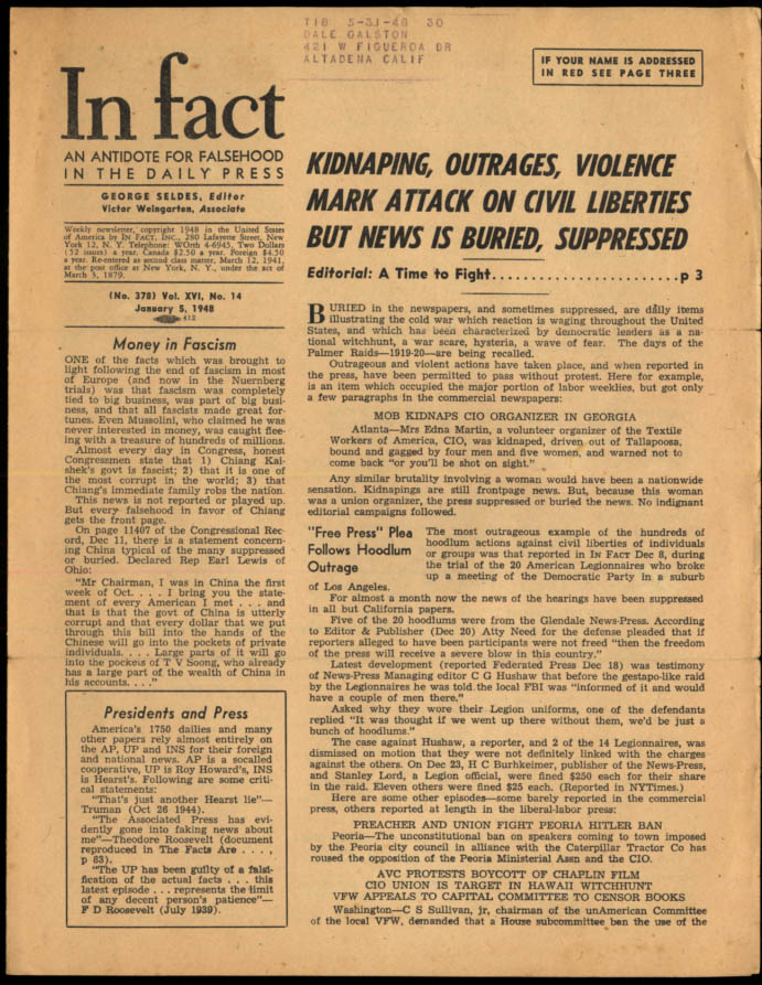 Image for IN FACT Antidote for Falsehood in the Daily Press 1/5 1948 Violence vs CIO
