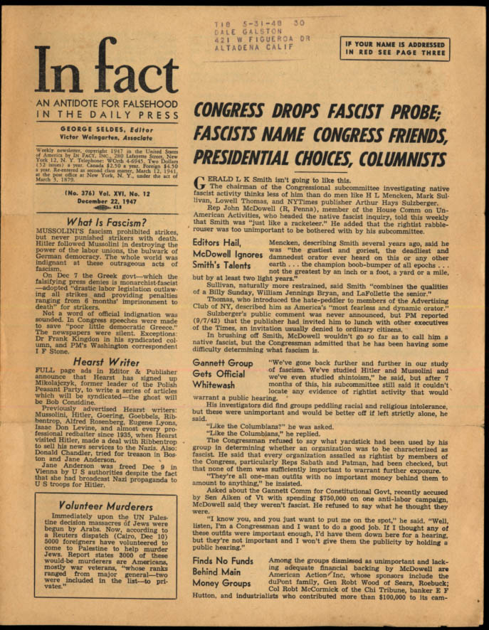 Image for IN FACT Antidote for Falsehood in the Daily Press 12/22 1947 Native fascists