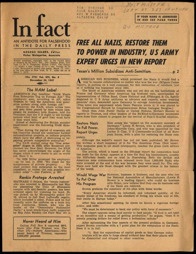 Image for IN FACT Antidote for Falsehood in the Daily Press 11/24 1947 Free All Nazis?