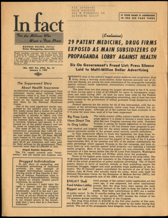 Image for IN FACT Antidote for Falsehood in the Daily Press 1/3 1949 Big Pharma vs Health