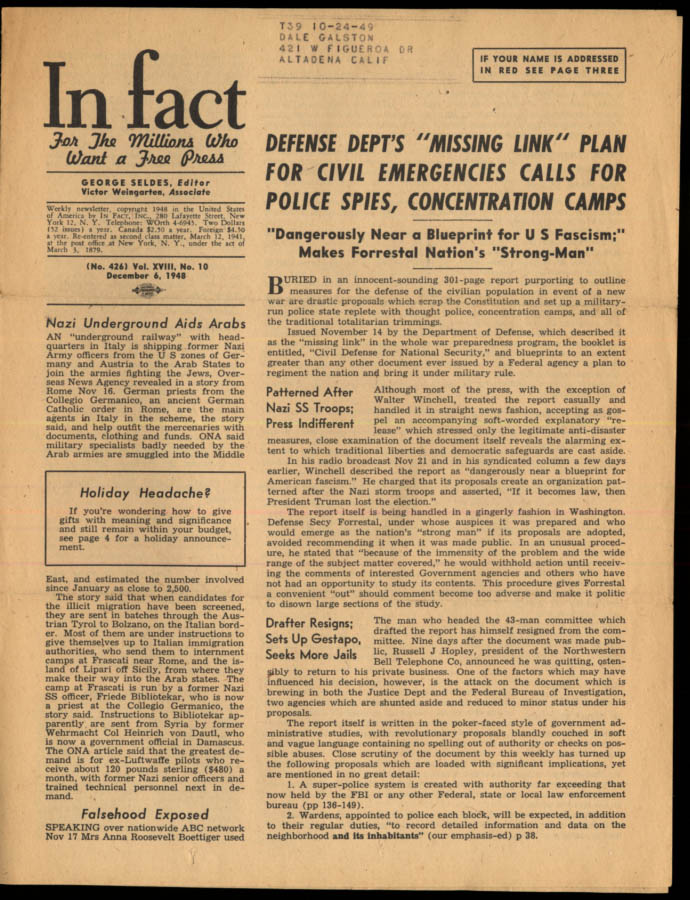 Image for IN FACT Antidote for Falsehood in the Daily Press12/6 1948 US Fascism?
