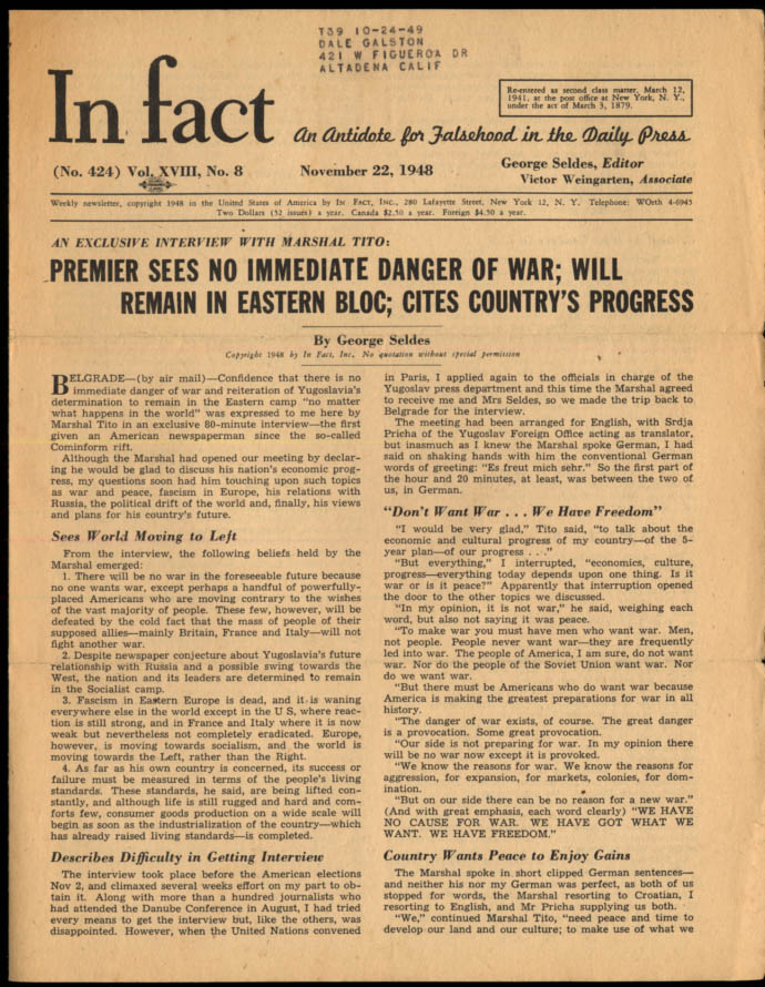 Image for IN FACT Antidote for Falsehood in the Daily Press 11/22 1948 Marshal Tito
