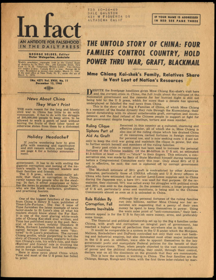 Image for IN FACT Antidote for Falsehood in the Daily Press 12/13 1948 Chiang loots China