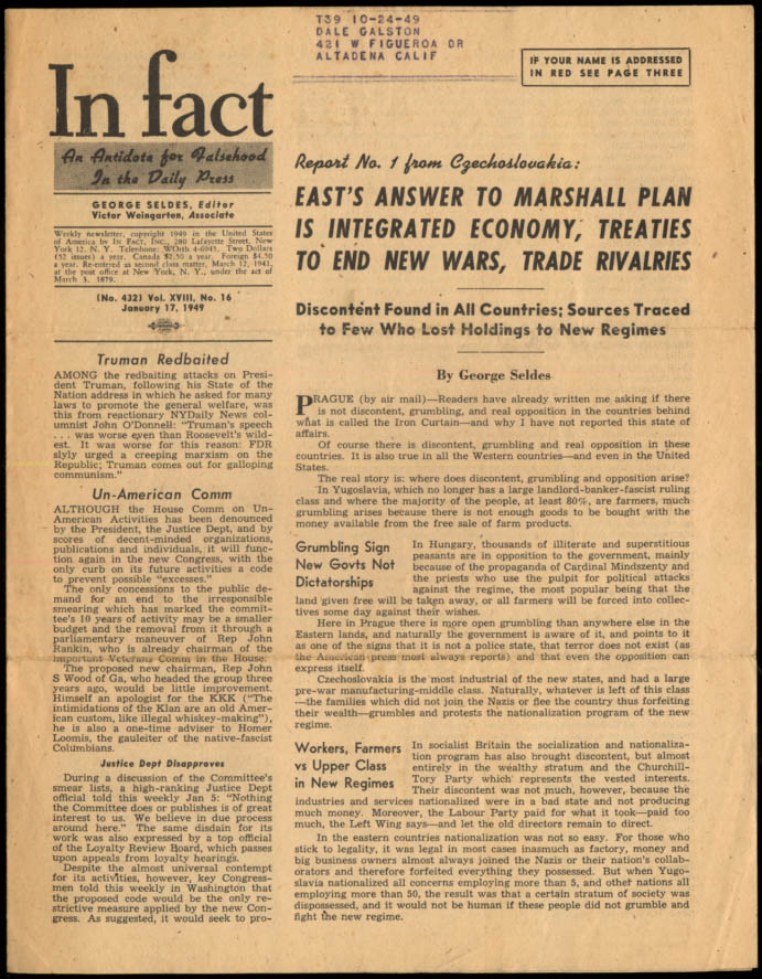 Image for IN FACT Antidote for Falsehood in the Daily Press 1/17 1949 Czechoslovakia #1