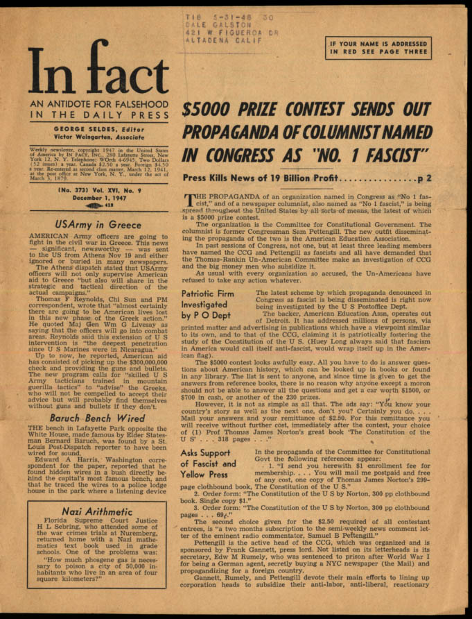 Image for IN FACT Antidote for Falsehood in the Daily Press12/1 1947 Pettengill #1 Fascist