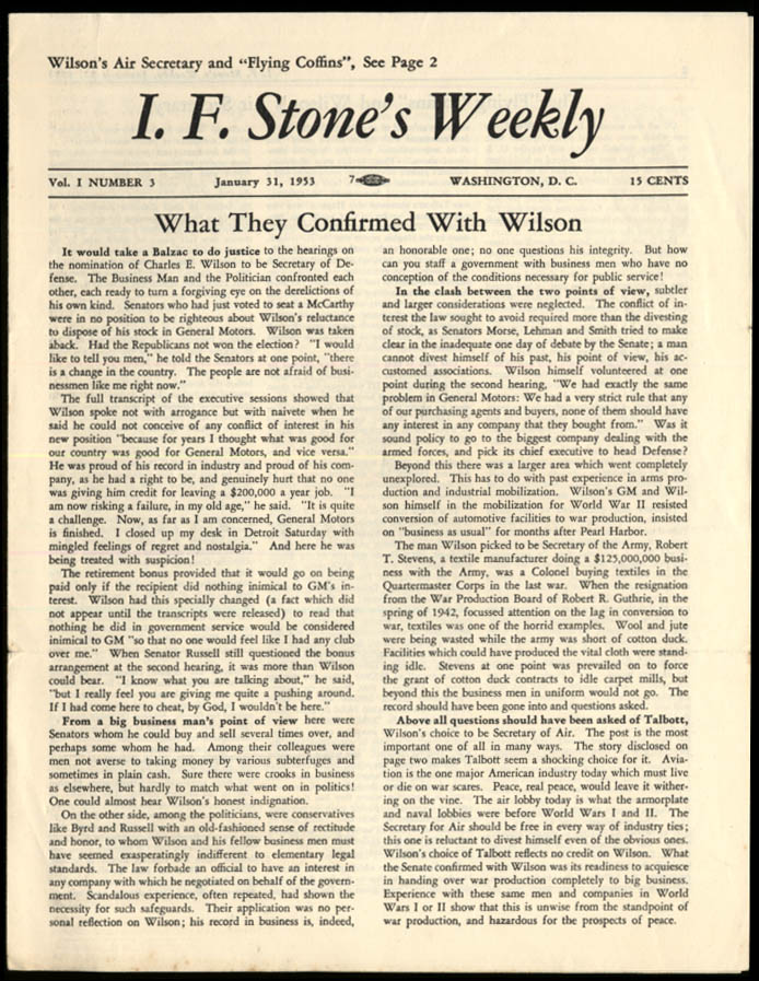 Image for I F STONE'S WEEKLY 1/31 1953 Sec'y of Defense Charlie Wilson & Flying Coffins