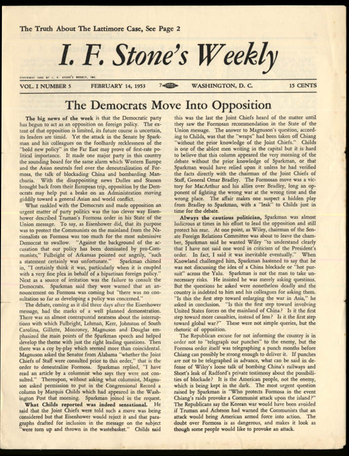 Image for I F STONE'S WEEKLY 2/14 1953 Democrats Oppose Far Easy Policy on Formosa