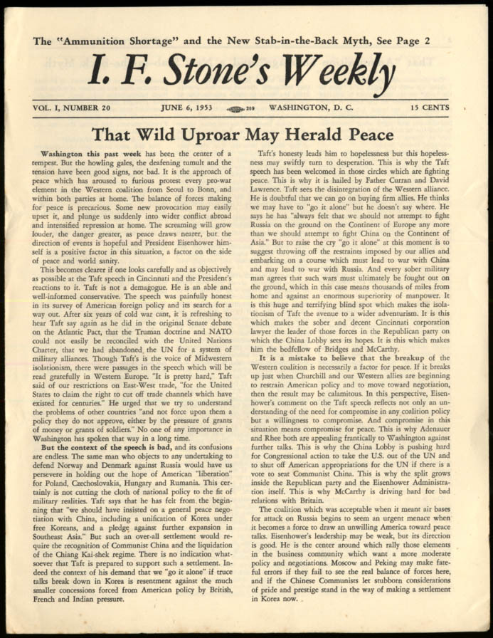 Image for I F STONE'S WEEKLY 6/6 1953 Taft vs Truman vs Ike on Korea