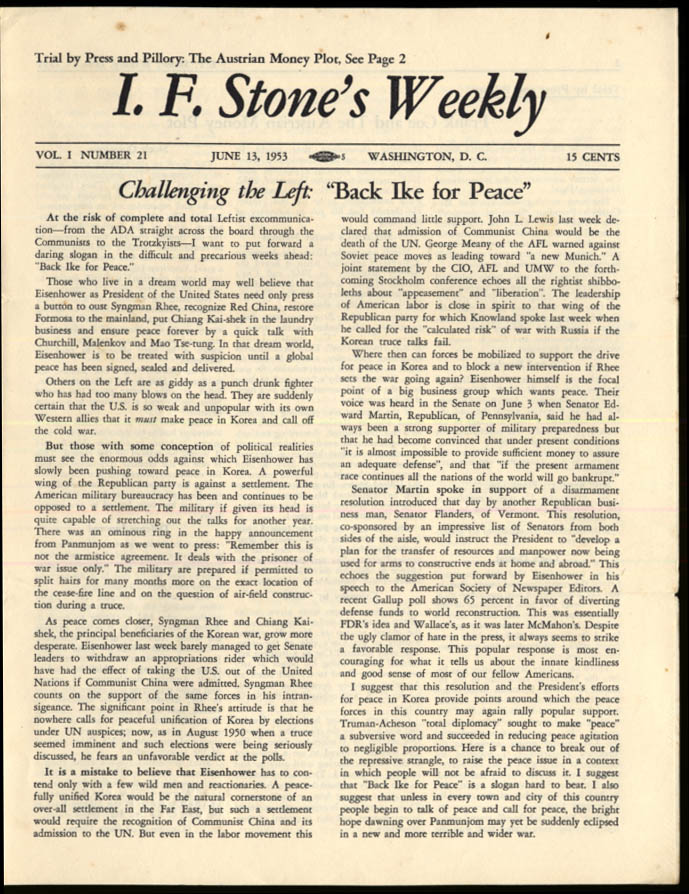 Image for I F STONE'S WEEKLY 6/13 1953 Back Ike for Peace; Austrian Money Plot