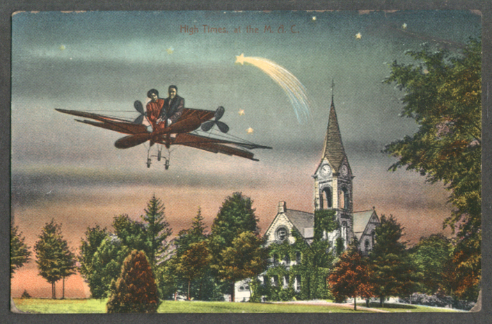Image for High Times at the M A C couple in aeroplane over church postcard 1910s