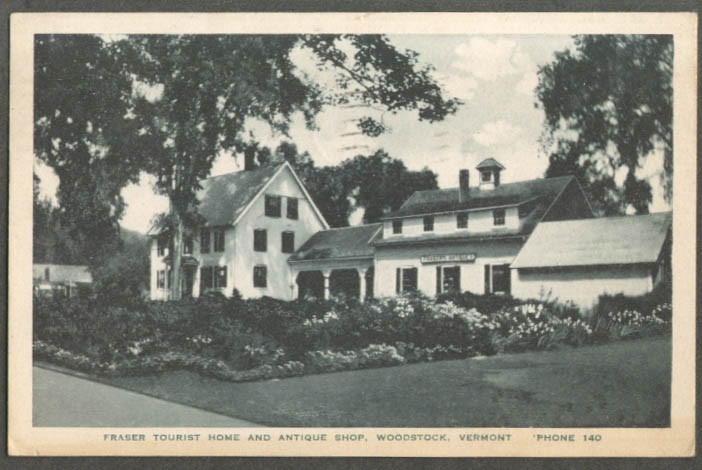 Image for Fraser Tourist Home & Antique Shop Woodstock VT postcard 1942