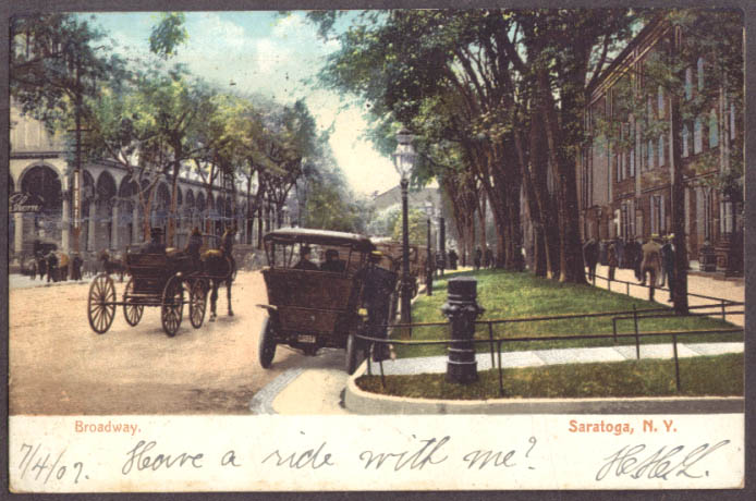 Image for Broadway with motorcar & carriage Saratoga NY postcard 1907 undivided back