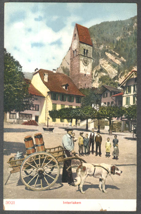 Image for One-dog cart in square Interlaken Switzerland postcard 1910s